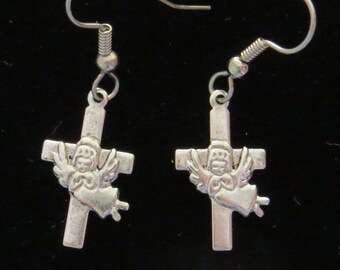 Angel and Empty Cross Earrings Oxidized Matte Silver Easter Christian Re Is Risen ES459