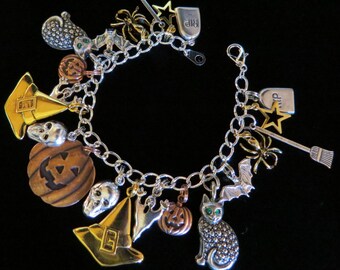 Halloween Charm Bracelet 7" or 8" Mixed Metal Copper Silver Gold Plate Cat Scull Ghost BTS047-7 / 8