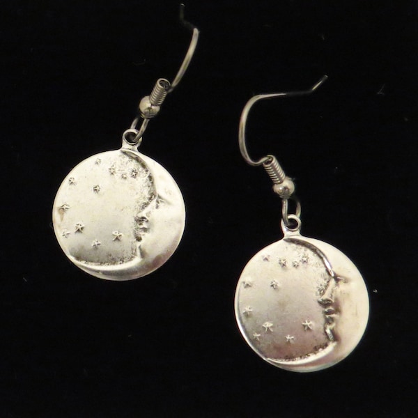 Celestial Full Moon and Stars Earrings Antiqued Brass or Matte Silver Ox Moon with Face and Star Man in the Moon Crescent Moon EG128B/ ES057