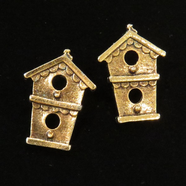 Birdhouse Post Earrings 24 Karat Gold Plate or Oxidized Matte Silver Bird House EG021 or ES101