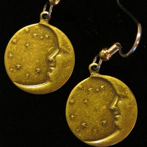 Celestial Full Moon and Stars Earrings Antiqued Brass or Matte Silver Ox Moon with Face and Star Man in the Moon Crescent Moon EG128B/ ES057
