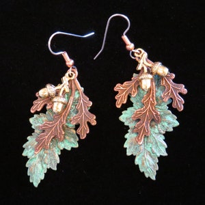 Autumn Leaves Acorn Earrings Gold Copper Verdigris Fall Thanksgiving Mixed Metals Acorns EC053