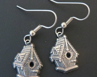 Bird House Earrings Birdhouse Oxidized Matte Silver Home for the Birds ES518