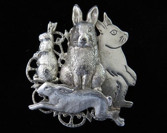 Wild Hare Pin Brooch Rabbit Easter Bunny Collage Silver Plate & Oxidized Matte Silver PS091