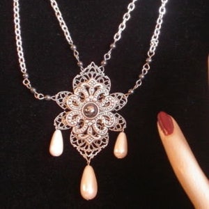 Vintage Inspired Victorian Gothic Tudor Style Necklace Hematite, Faul Pearl, Ruby Crytal 24 Karat Gold Plate or Silver Plate NG043/NS049