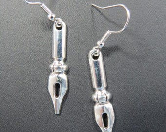 Pen Nib Earrings Writer Calligrapher Author Silver Tone Novelist Poet Wordsmith Scribe  ES527
