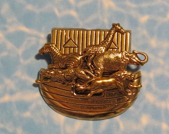 Noah's Ark Pin Brooch 24 Karat Gold Plate Noah Flood Christian 2 by 2 Bible Animals PG366R