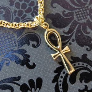 May include: A gold chain necklace with a gold ankh pendant. The necklace is on a black and gray patterned background.