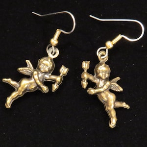 Cupid with Arrow Earrings Antiqued Brass Cherub Love Valentine Day Gift Romance EG063