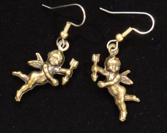 Cupid with Arrow Earrings Antiqued Brass Cherub Love Valentine Day Gift Romance EG063