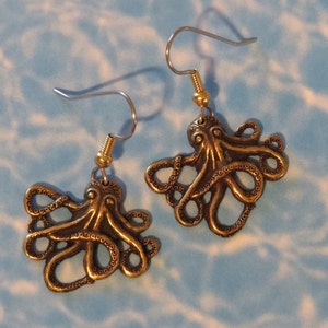 Octopus Earrings Kraken Antiqued Brass or Oxidized Matte Silver Pirates Sea Creature Ocean EG482B / ES397