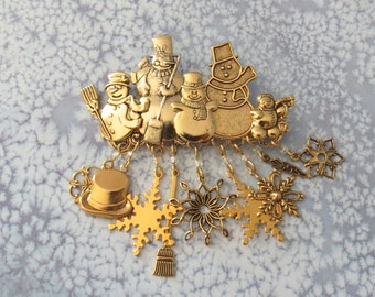 Snowman & Snowflakes Winter Pin Brooch 24 Karat Gold Plate or Oxidized Matte Silver Snowing Christmas Holidays Gift PG306 / PS237N