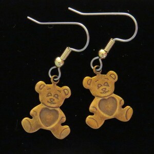 Teddy Bear with Heart on Belly Earrings Antiqued Brass or Matte Silver Ox Bears EG538 / ES451
