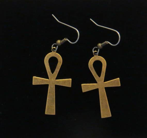 Eternal Cross Cleopatra Ankh Earrings Antiqued Brass