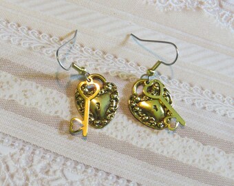 Heart Lock and Key Earrings 24 Karat Gold Plate Love Valentine Hearts Valentines Romance Jewelry Gift EG523