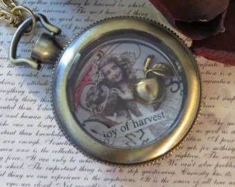 Cosecha Apple Altered Pocket Watch collar 24 Karat cadena de placa de oro y latón bolsillo reloj caso uno de un tipo regalo joyería PW001