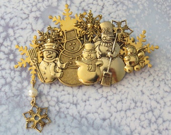 Snowman & Snowflakes Winter Pin Brooch 24 Karat Gold Plate Winter Wonderland Snow Snowing Christmas Gift Snowmen Snowflake PG305