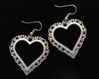 Heart Earrings Large Open Oxidized Matte Silver Valentine Love Romance Hearts Valentines Day ES457