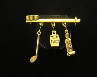 Dentist Pin Brooch 24 Karat Gold Plate Toothbrush Toothpaste Dental Hygienist Floss Jewelry PG246 / PS213