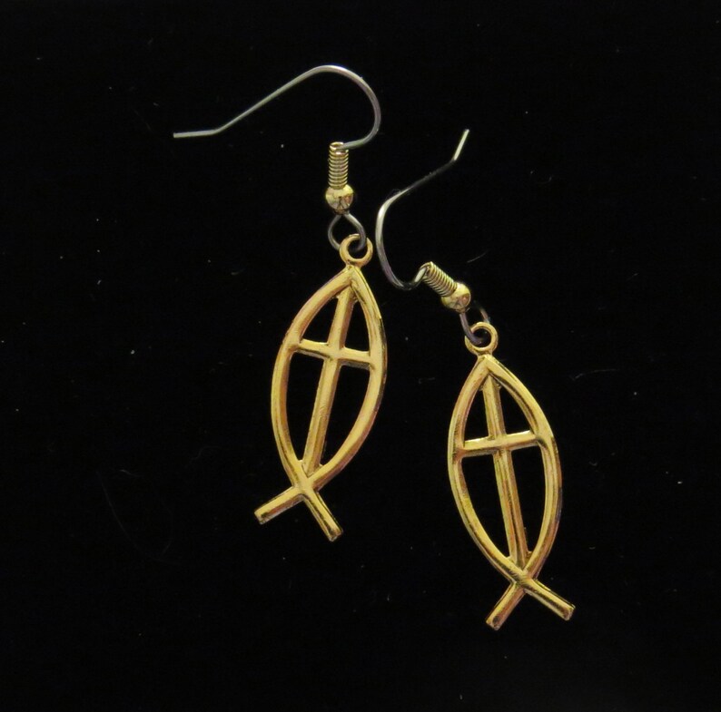 Christian Fish Symbol With Cross Earrings 24 Karat Gold Plate Etsy