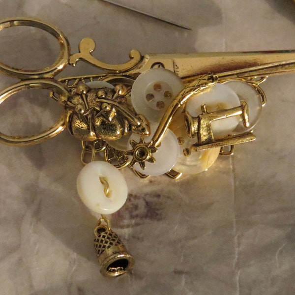 Special Order for Margaret Sewing Pin Brooch 24 Karat Gold Plate Seamstress Gift Buttons Machine Shears Thimble Sew Stitch in Time PG351