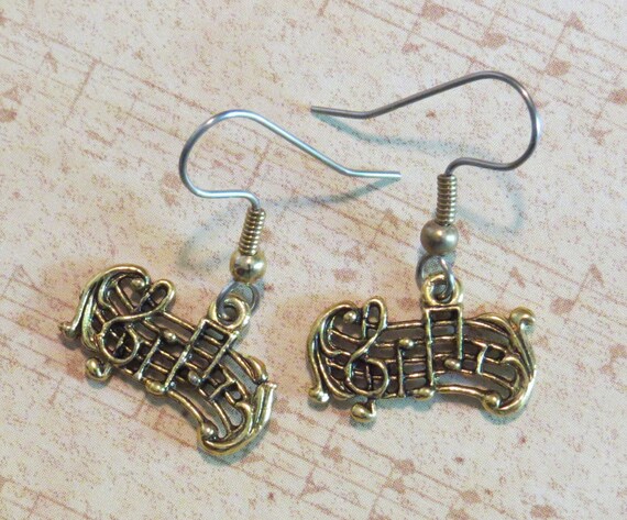 Boucles D'oreilles Clef De Sol / Notes De Musique En Bronze - Fait Main - Neuf