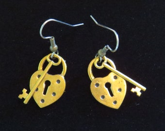 Blocco del cuore e orecchini chiave ottone San Valentino Cuori Chiavi Amore Amore Romance San Valentino EG003