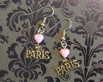 I love Paris earrings 24 Karat Gold Plate and a Creamy Pink Glass Heart Paris France Vacation City of Love EG501