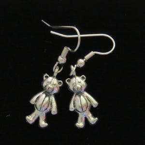 Teddy Bear Earrings Oxidized Matte Silver Stuffed Bear with Stitched Belly ES477