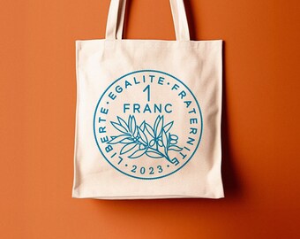 Tote Bag 1 Franc - cotton bag, beach bag, shopping bag, dust bag, I love France, French coin, typography, foreign money, bag souvenir, fun