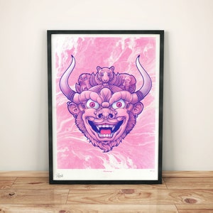 Risograph Dragon face - Poster riso A3 2 colors, home decoration, pop illustration, art print, artist print, colorful illustration, manga