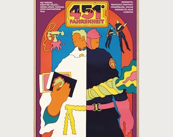 Fahrenheit 451 1966 poster print, François Truffaut, retro 60s 70s illustrated movie art, classic sci-fi wall decor reproduction