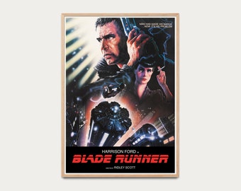 May include: A vintage movie poster for the film "Blade Runner" starring Harrison Ford. The poster features a futuristic cityscape with a dark, sleek spaceship in the foreground. The text "MAN HAS MADE HIS MATCH... NOW IT'S HIS PROBLEM" is printed in white on a black background. The title "BLADE RUNNER" is printed in red with the director's name "RIDLEY SCOTT" printed below.