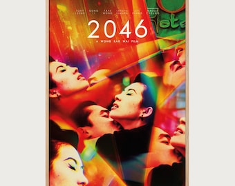 2046 movie poster Wong Kar-Wai, vivid HD print in kaleidoscope style, romantic wall art with couple kissing, vibrant cinema artwork