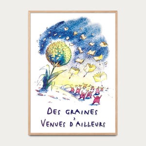 Vintage-Aquarellplakat der 90er/2000er Jahre, Leseförderung, wegfliegende Bücher, Blumensamen, Retro-Bibliothekswanddekoration