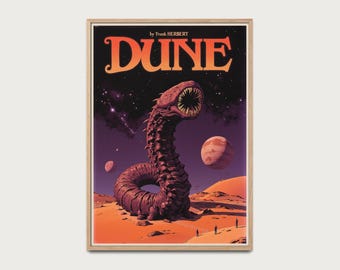 Retro sci-fi Dune-poster, vintage illustratie geïnspireerd op Frank Herberts cultboek, fanart in jaren 70-stijl, retro vintage poster