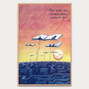 May include: A framed art print with a surreal illustration. Open books float above a maze, with figures seated on them. The sky transitions from pink to yellow, and the text "Pour sortir des sentiers battus partez en livre" is at the top.