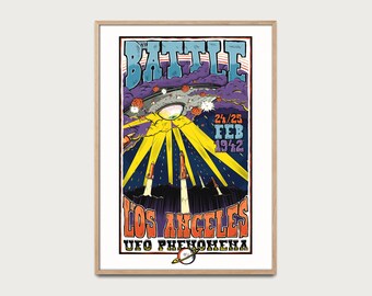 Retro UFO Poster Battle of Los Angeles 1942, vintage ufo print, mysterious skies, strange encounter, military art, aerial story