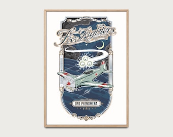 Retro UFO art print, Foo Fighters 1942 sighting, vintage aerial mystery poster, WW2 sky lights, strange object, war-era wall decor