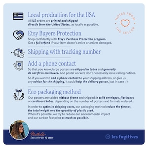 May include: A light blue graphic with text detailing Etsy shop policies, such as local production, buyer protection, and eco-friendly packaging. The text also mentions shipping with tracking and adding a phone contact. The shop is called "les fugitives".
