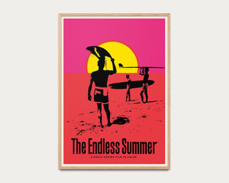 May include: A vintage poster for the film "The Endless Summer" by Bruce Brown. The poster features a silhouette of three surfers against a pink and yellow sunset.