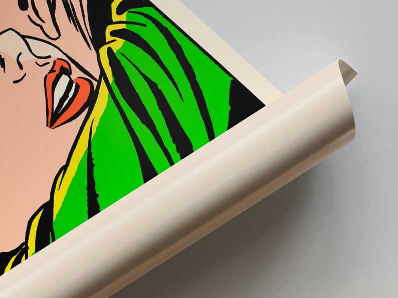 May include: Close-up of a colorful comic book style illustration of a woman's face. The woman is wearing a green and yellow scarf. The image is printed on a white canvas.