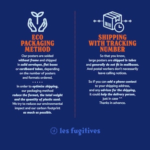 Może przedstawiać: Ilustracja zielonej rośliny z dwoma rękami ją trzymającymi, oraz tekst, kt&oacute;ry brzmi "ECO PACKAGING METHOD".  Tekst poniżej wyjaśnia, że plakaty są wysyłane w kopertach, płaskich pudełkach lub kartonowych tubach.  Ilustracja po prawej stronie przedstawia paczkę z zegarem i tekst, kt&oacute;ry brzmi "SHIPPING WITH TRACKING NUMBER".  Tekst poniżej wyjaśnia, że duże plakaty są wysyłane w tubach i zazwyczaj nie mieszczą się w skrzynkach pocztowych.  Tekst wyjaśnia r&oacute;wnież, że listonosze niekoniecznie zostawiają powiadomienia o połączeniach.  Tekst poniżej wyjaśnia, że klienci mogą dodać kontakt telefoniczny do swojego adresu wysyłkowego i wszelkie wskaz&oacute;wki dotyczące wysyłki.  Tekst poniżej wyjaśnia, że może to pom&oacute;c kurierowi.  Tekst poniżej brzmi "Dziękujemy z g&oacute;ry."  Tekst na dole obrazu brzmi "les fugitives".