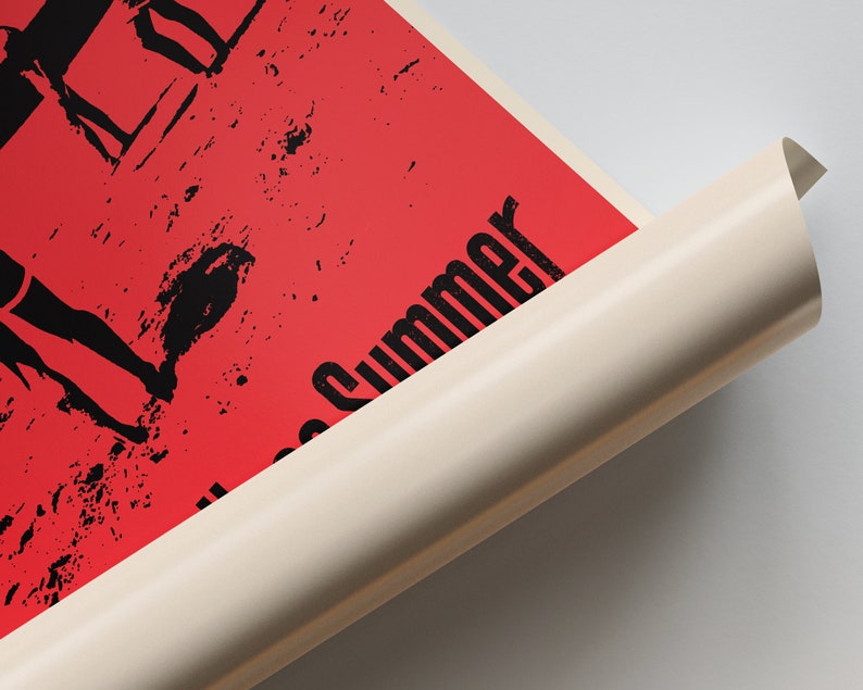 May include: A red poster with black silhouettes of people on a beach with the text "All Summer" in black.