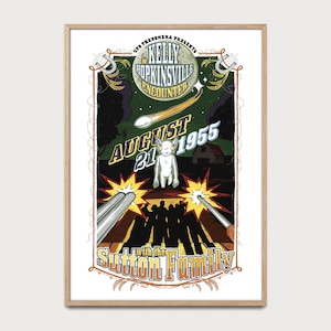 Poster UFO Kelly-Hopkinsville 1955, famiglia Sutton, attacco alieno, illustrazione sci-fi vintage, decorazione casa misteriosa