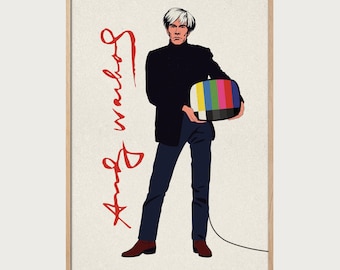 Pop Art Andy Warhol Poster Illustration, Iconic Artist Portrait with Vintage TV, Modern Wall Art Inspired by Pop Culture