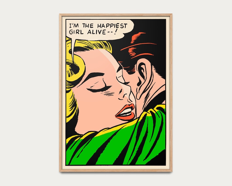 May include: A comic book style illustration of a couple embracing. The woman has blonde hair and is wearing a green shirt. The man has brown hair and is wearing a black shirt. The woman is saying "I'm the happiest girl alive...!".