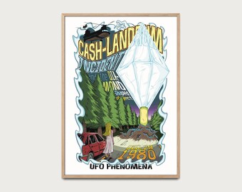 Retro UFO art print, Cash-Landrum 1980 sighting in Texas, diamond-shaped UFO poster, strange lights, alien encounter wall art