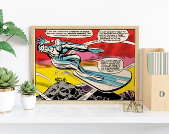 Popart Silver Surfer poster – Strips & superheldenposter – Moderne muurdecoratie – Woonkamer, kantoordecoratie, cadeau voor geeks