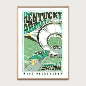 Poster illustrato UFO 1976, rapimento Kentucky, arte vintage ufologia, decorazione muro retro fantascienza, poster misterioso alieni